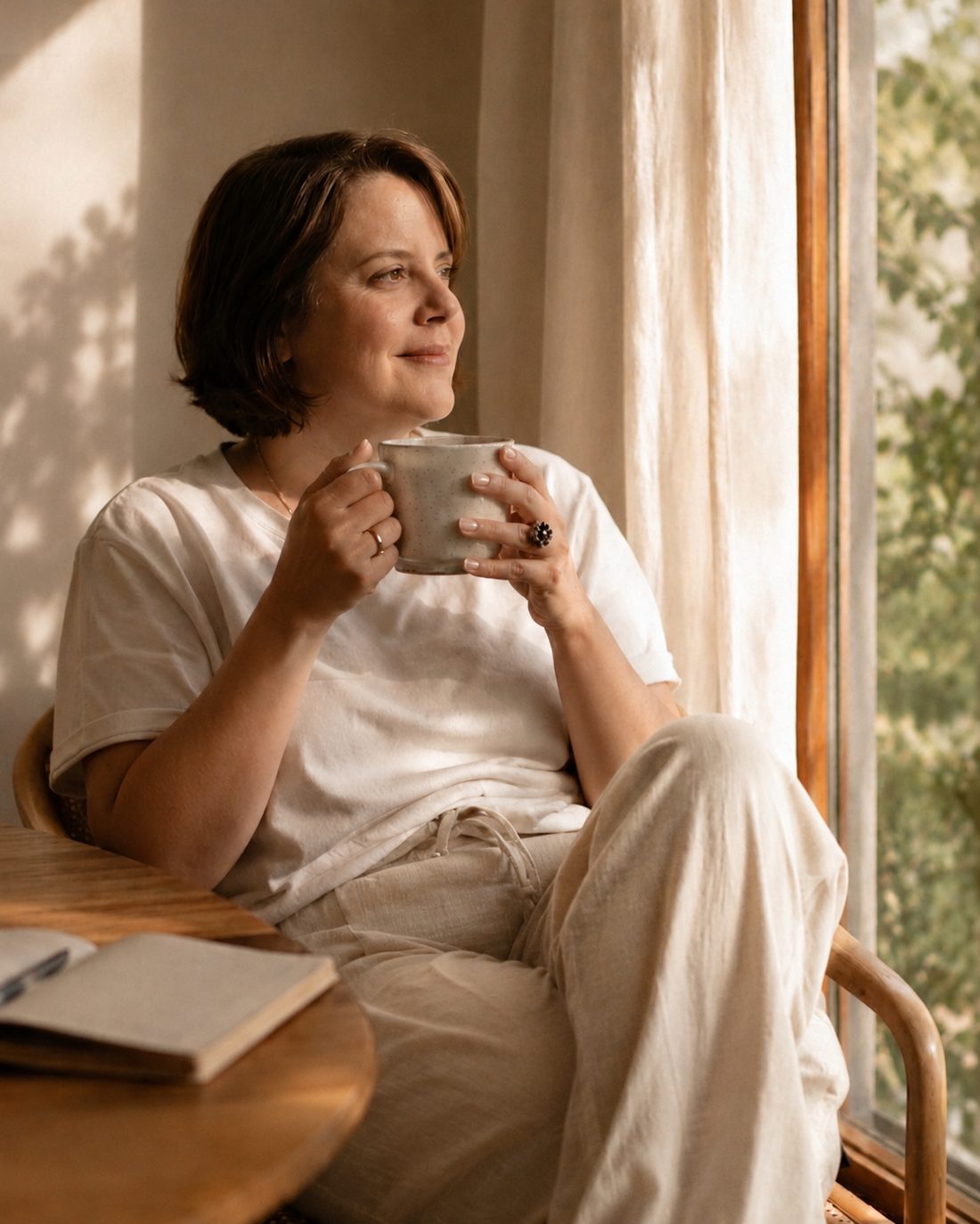 Gaby Sartori com uma caneca nas mãos, perto da janela