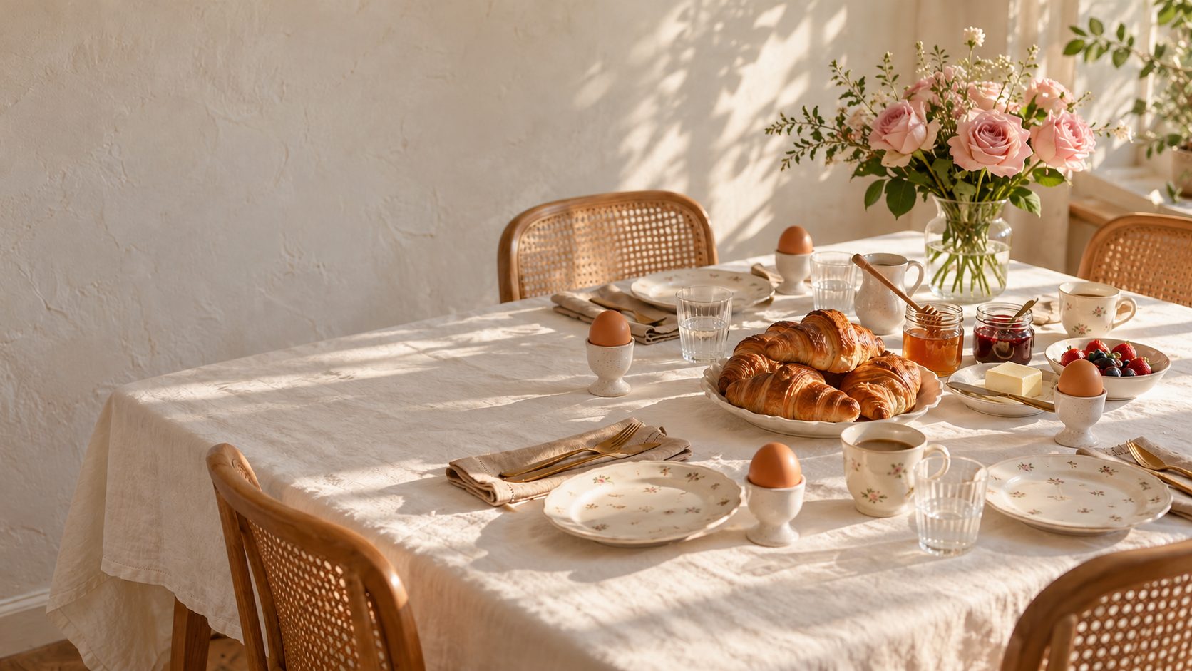Uma mesa de café da manhã posta para quatro, com rosas e luz da manhã