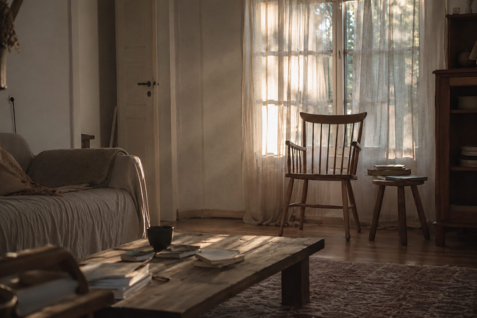 Uma sala com uma cadeira perto da janela e a luz da tarde atravessando a cortina